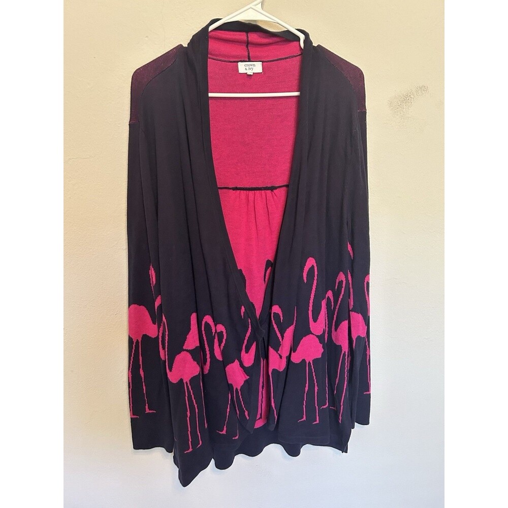 Crown and Ivy Flamingo Novelty Print Open Cardigan Size Medium Tropical Resort